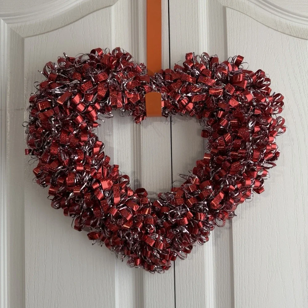 Valentine's Day Heart Shaped Ribbon Door Hanger Red Silver Anniversary Holiday
